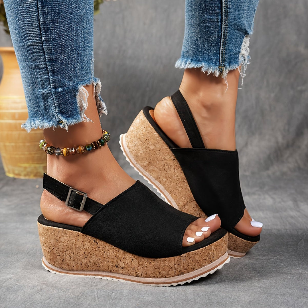 Terra women's platform buckle sandals in navy blue, front view
