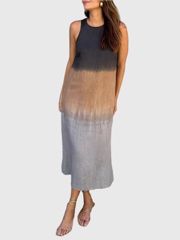 Front view of the Terri-Lynn print dress showing breezy drape and refined print pattern