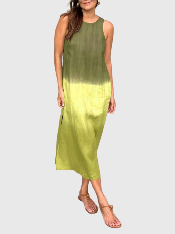 Terri-Lynn print dress in a dark green colorway showing earthy sophisticated tones