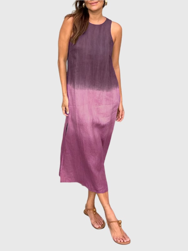 Full-length shot of the Terri-Lynn print dress demonstrating flattering no-cling drape over hips