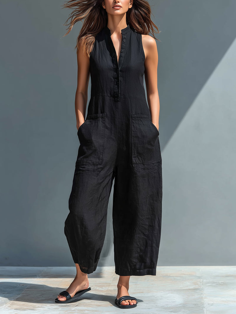 Women's sleeveless mandarin collar wide-leg jumpsuit in black with button-front closure