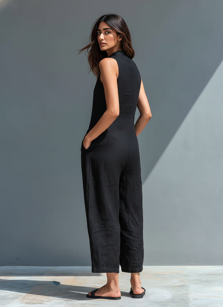 Front view of Thalia wide-leg jumpsuit in yellow showing mandarin collar detail