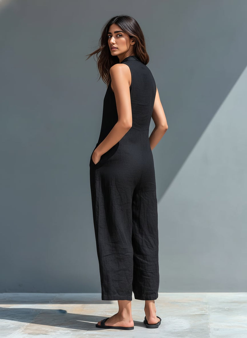 Front view of Thalia wide-leg jumpsuit in yellow showing mandarin collar detail