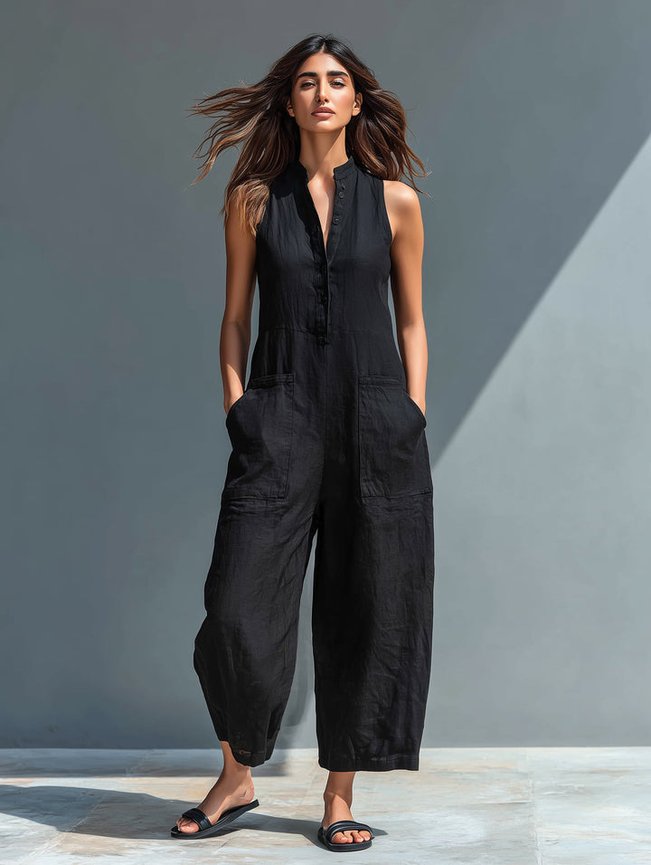 Full-length view of model wearing Thalia wide-leg jumpsuit in yellow