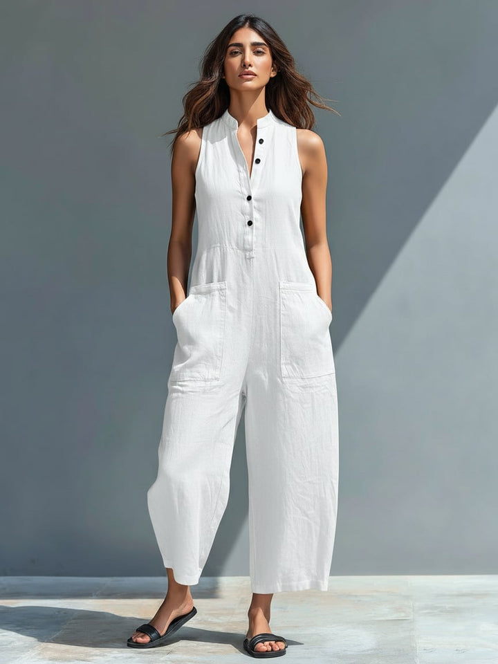 Detail shot of wide-leg silhouette on Thalia mandarin collar jumpsuit in black