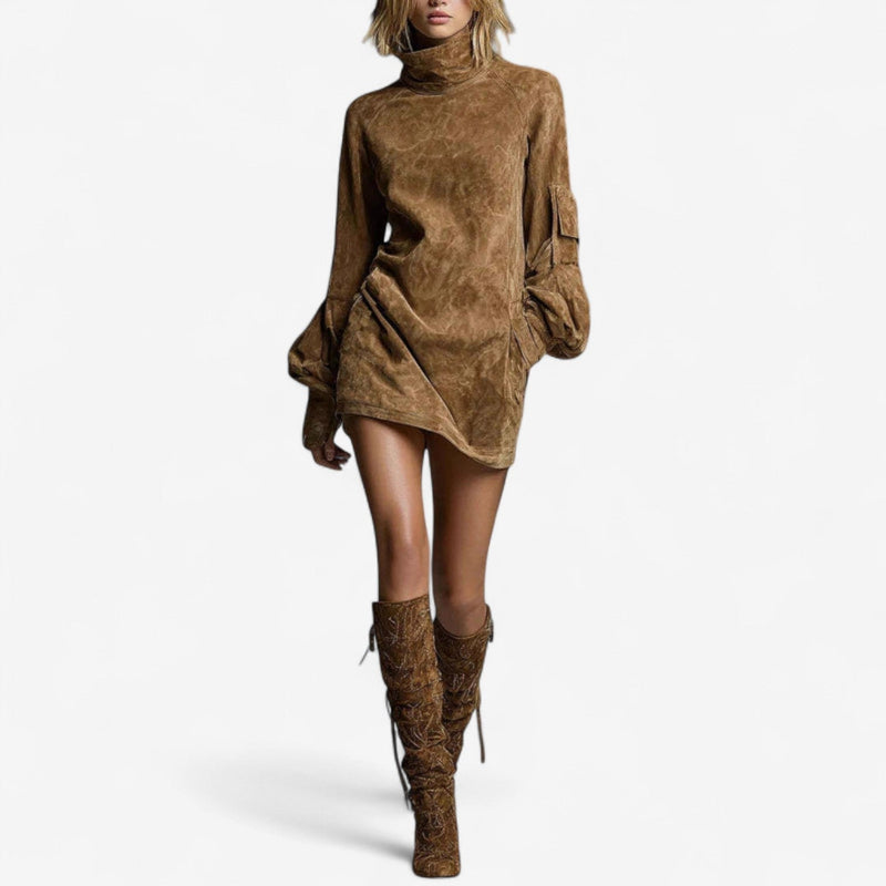 Woman wearing the Thea elegant mini dress in a flattering structured silhouette