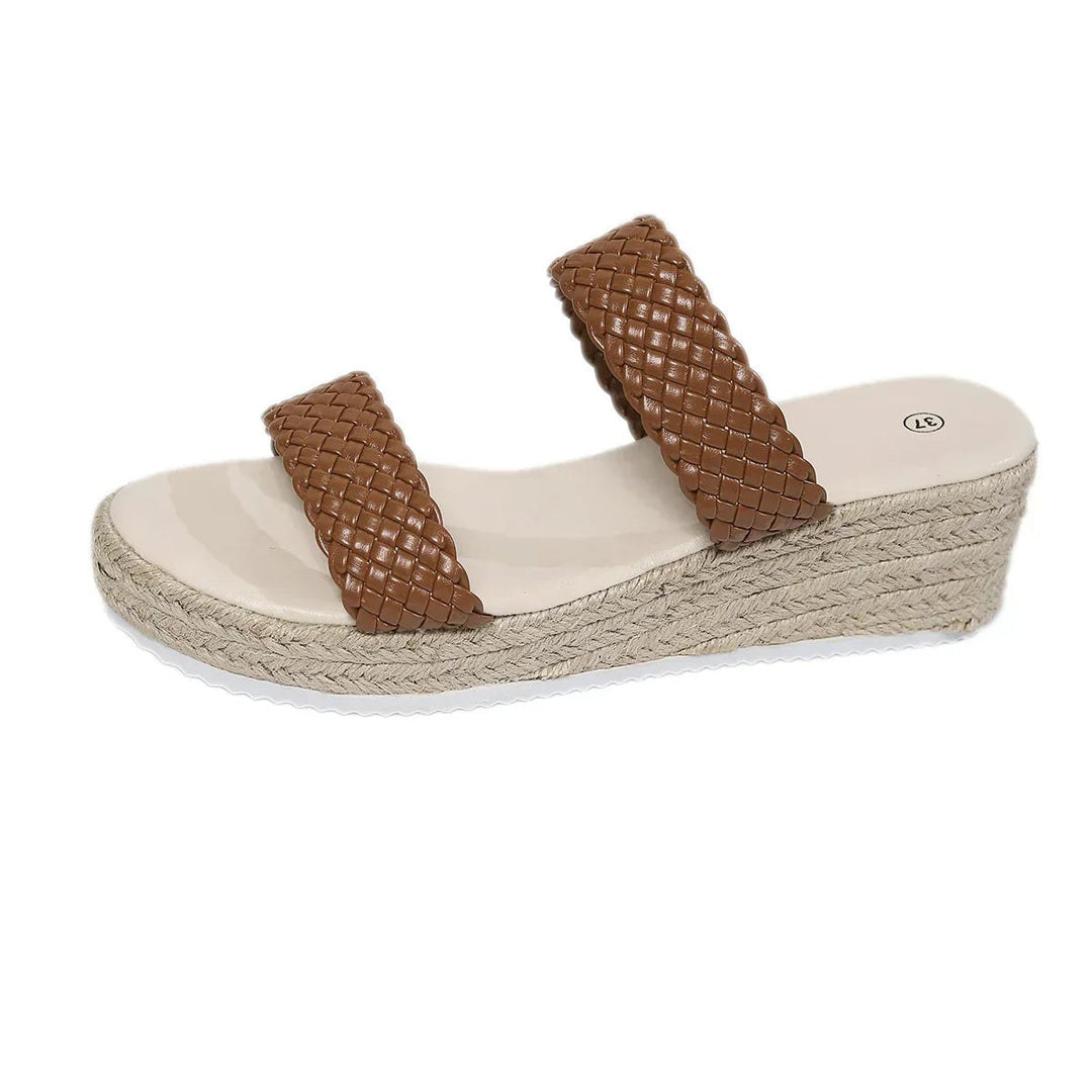 Theodora wedge sandals in white displayed on a flat surface, top-down view