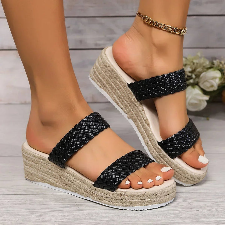 Close-up of the cushioned footbed inside the Theodora wedge sandal