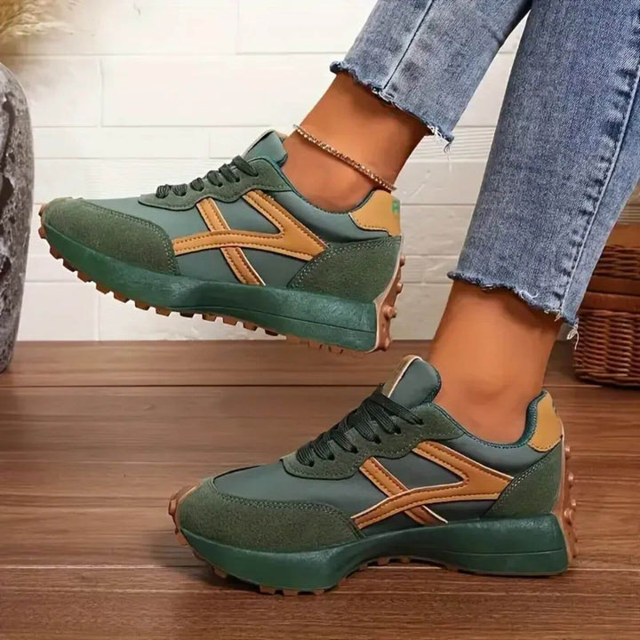 Model wearing slip-resistant orthopedic sneakers styled with casual everyday outfit