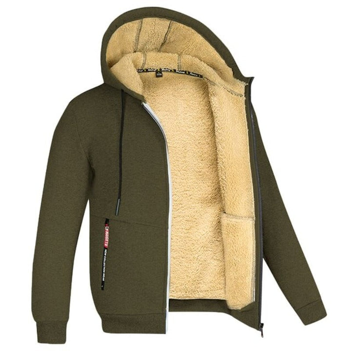 Front view of the ThermaCore Insulated Jacket in green with plush Sherpa lining detail