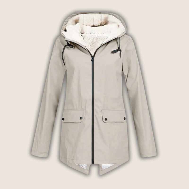 Back view of ThermaShell rain jacket in grey showing streamlined silhouette and adjustable hood