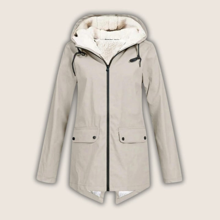 Back view of ThermaShell rain jacket in grey showing streamlined silhouette and adjustable hood
