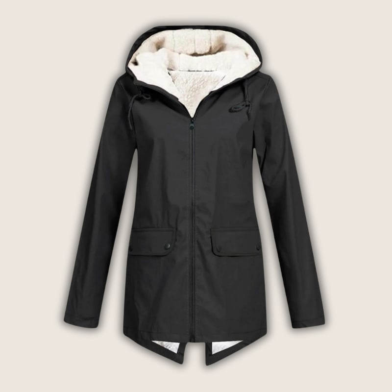 ThermaShell rain jacket in beige laid flat, showing full length and pocket details