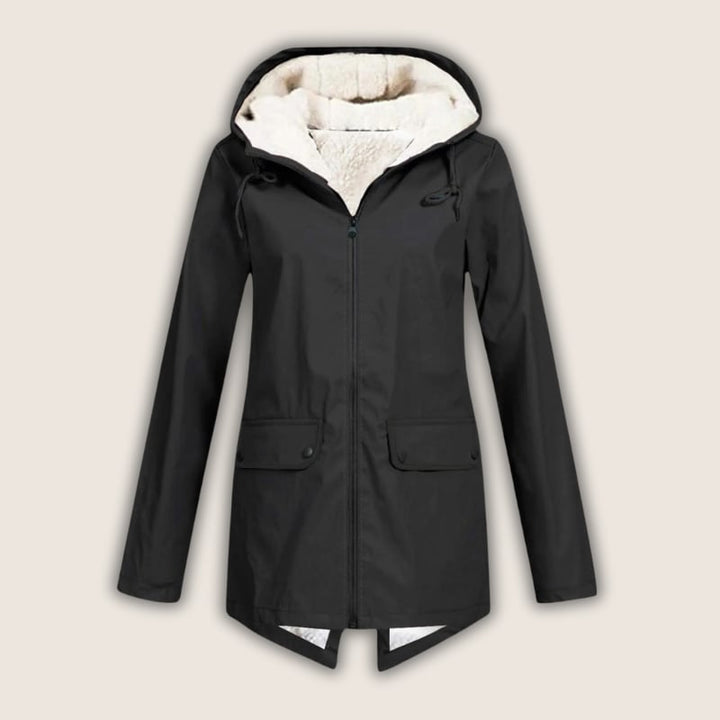 ThermaShell rain jacket in beige laid flat, showing full length and pocket details