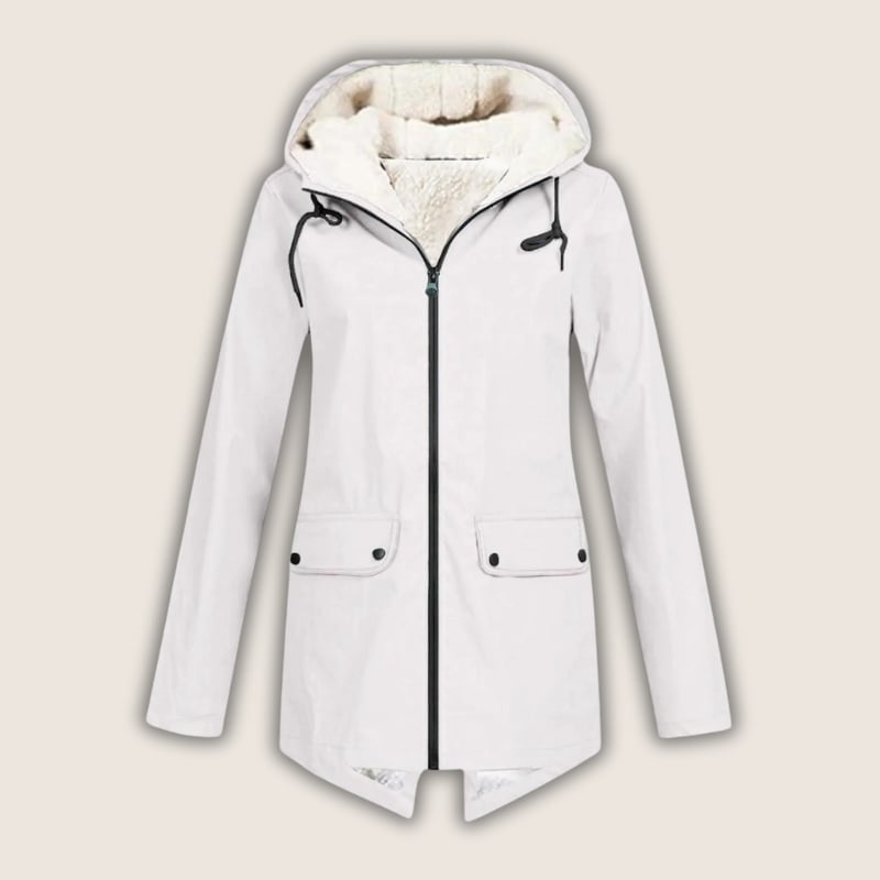Detail shot of ThermaShell rain jacket adjustable hood drawstring and collar