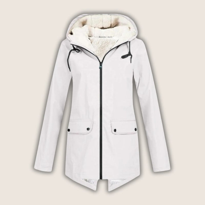 Detail shot of ThermaShell rain jacket adjustable hood drawstring and collar