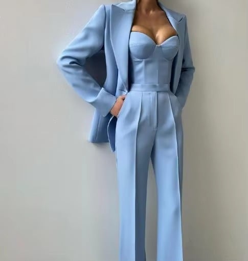 High-waist wide-leg flare pants from women's three-piece blazer set in blue colorway