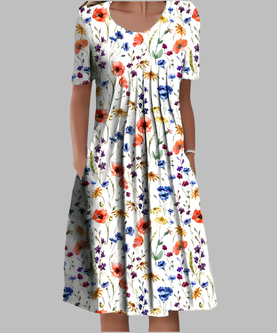 Woman wearing the Tina elegant dress in White and Red floral print, featuring a flowing silhouette and flattering fit