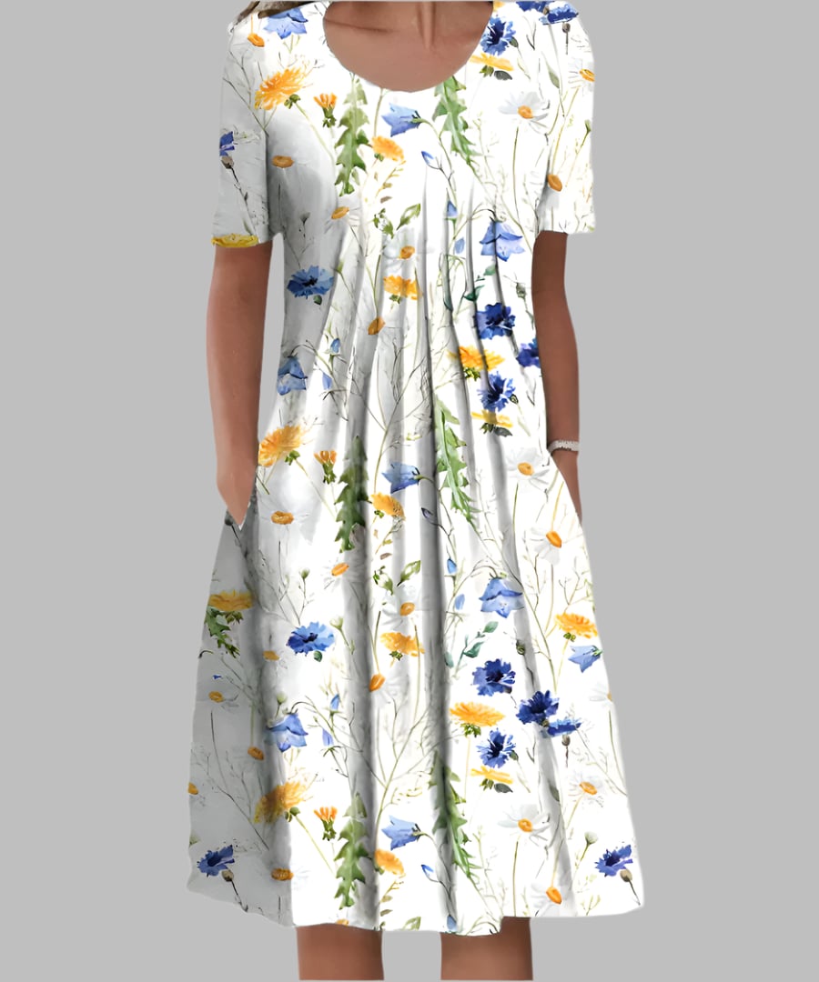 Front view of the Tina elegant dress in Blue with Flowers colorway, showcasing the light breathable fabric and graceful cut