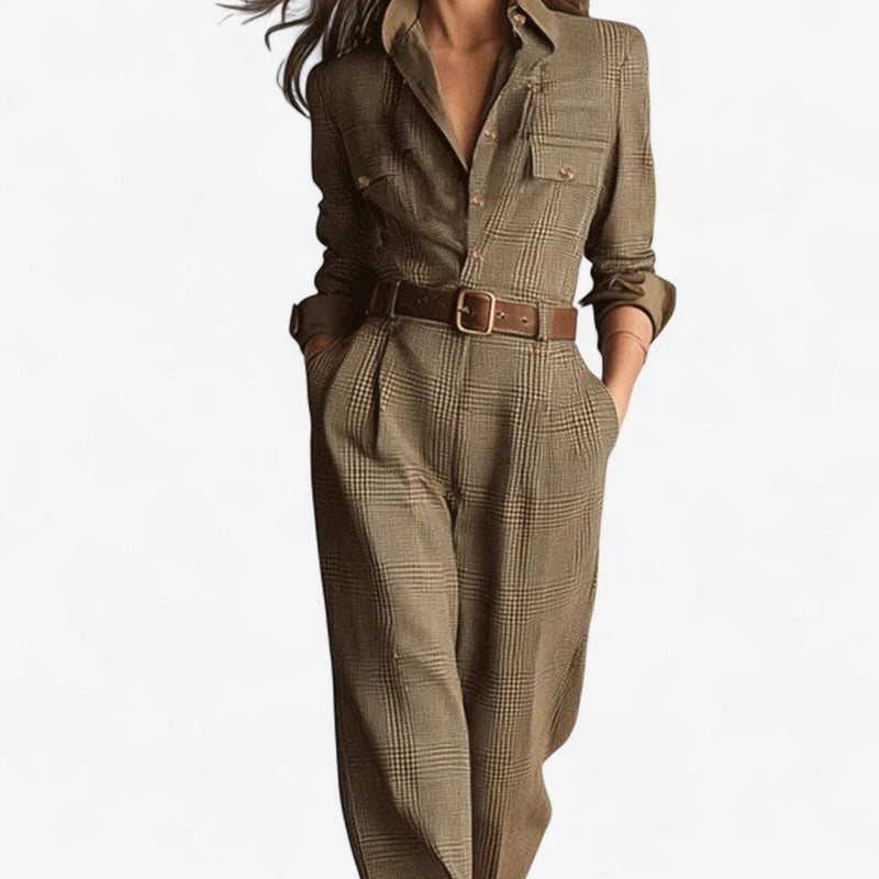 Close-up detail of the smooth fabric and clean lines on the brown Tina elegant dress