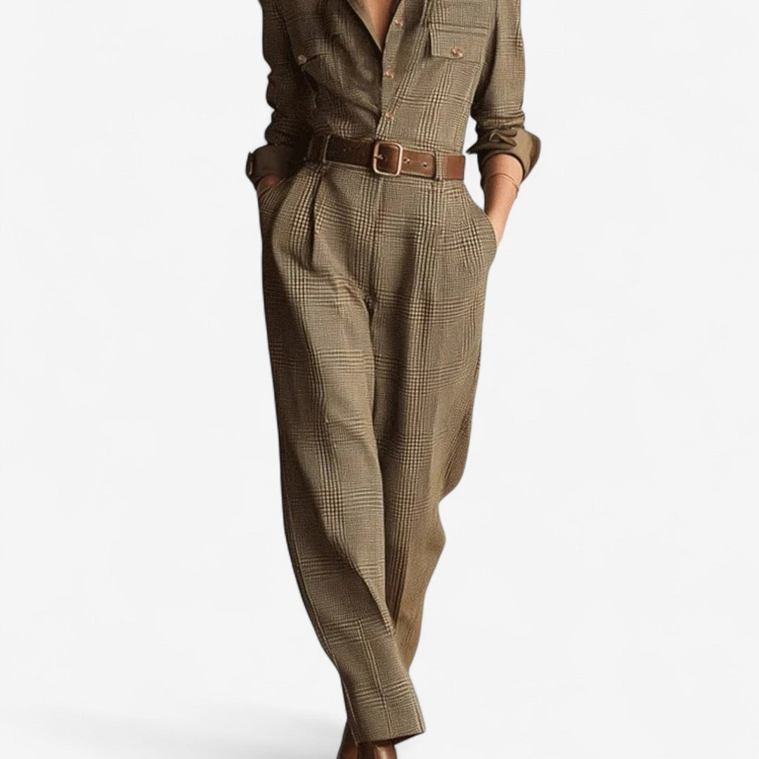 Woman styled in the brown Tina classic dress, showcasing its fluid drape and feminine fit