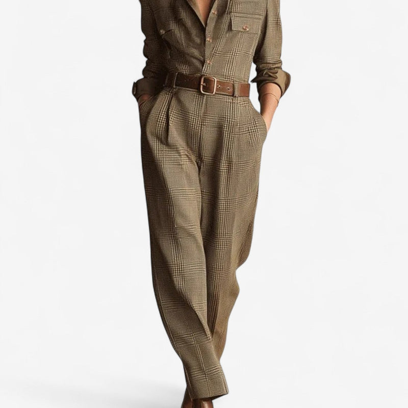 Woman styled in the brown Tina classic dress, showcasing its fluid drape and feminine fit