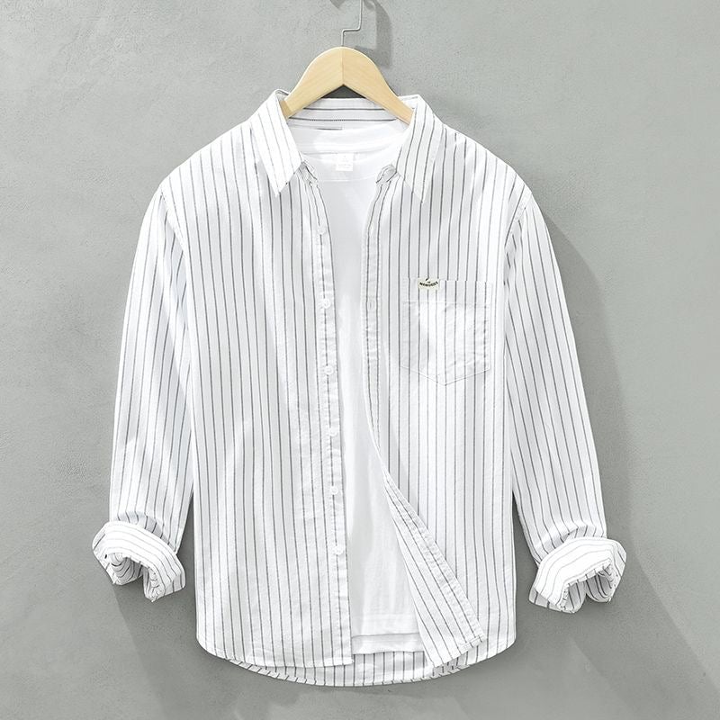 Close-up of vertical stripe pattern on a soft lightweight casual button-up shirt