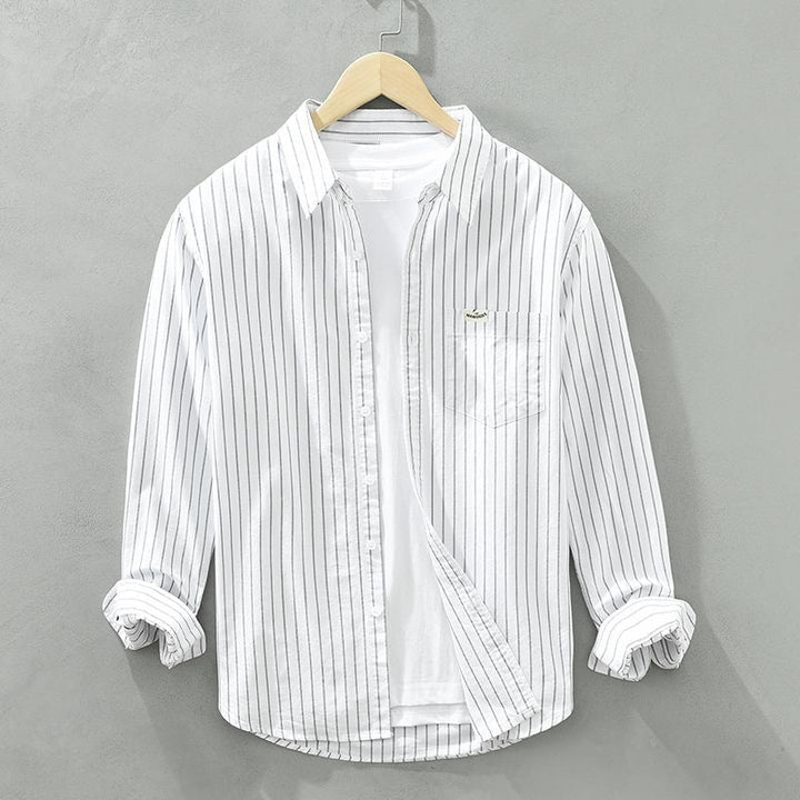 Close-up of vertical stripe pattern on a soft lightweight casual button-up shirt