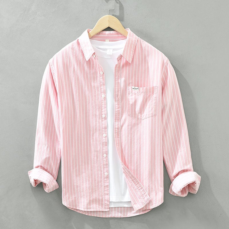 Flat lay of striped casual shirt showing collar and button placket detail
