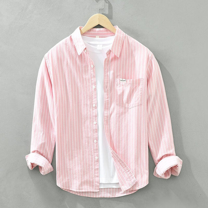 Flat lay of striped casual shirt showing collar and button placket detail