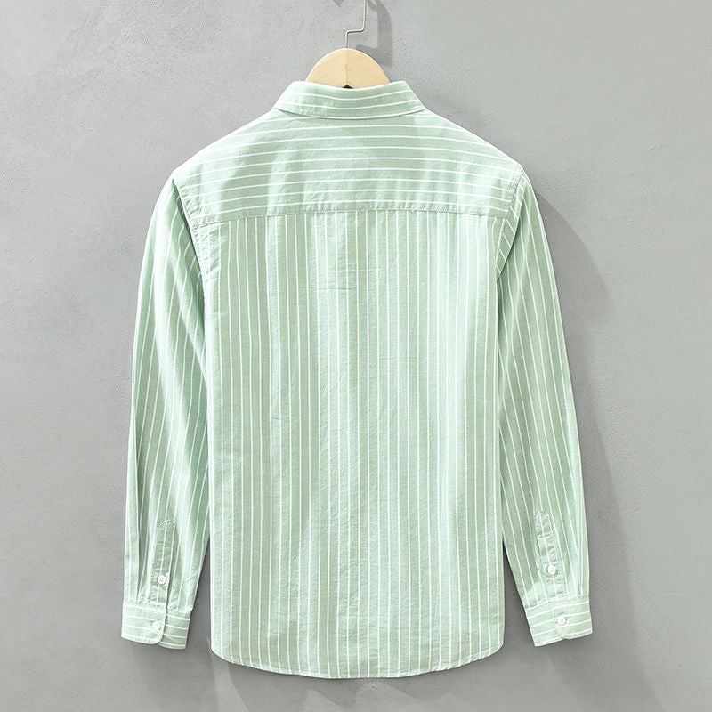 Multiple color options of the striped casual shirt including blue, green, white, gray, yellow, and pink