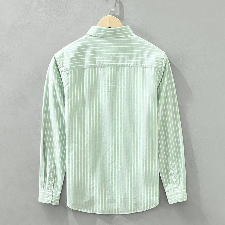 Multiple color options of the striped casual shirt including blue, green, white, gray, yellow, and pink