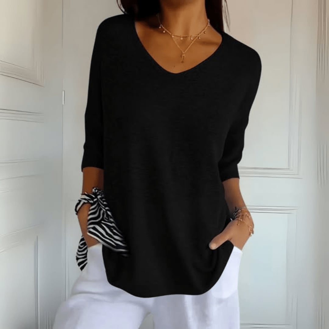Toni V-Neck Knit Top in gray styled with a silk scarf and minimal jewelry