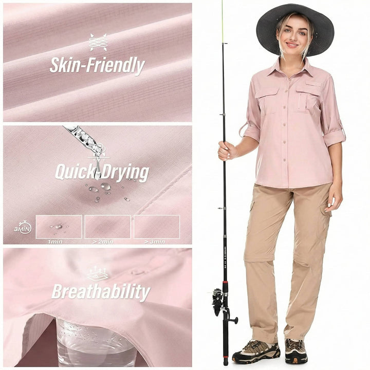 Full-length side view of a woman in a light gray UPF 50 safari shirt with collar flipped up for sun protection