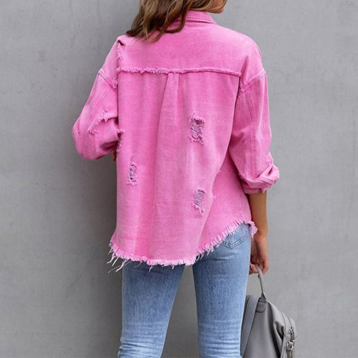 Front view of a vintage-inspired distressed jacket in pink with classic button closure