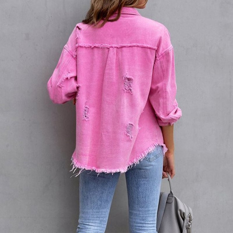 Front view of a vintage-inspired distressed jacket in pink with classic button closure
