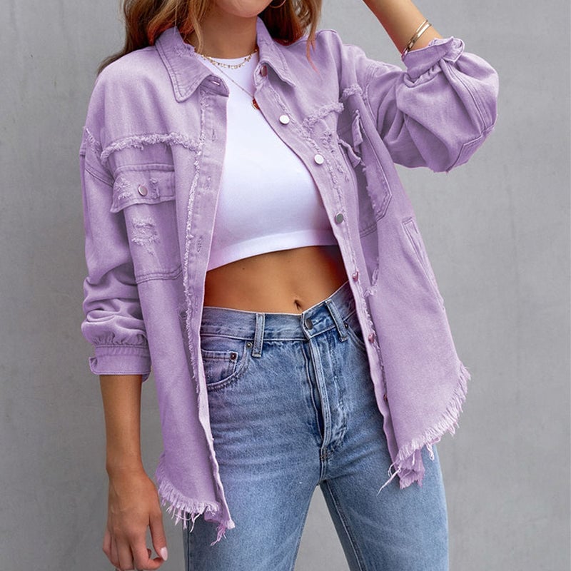 Vintage-inspired distressed jacket in purple shown on a model