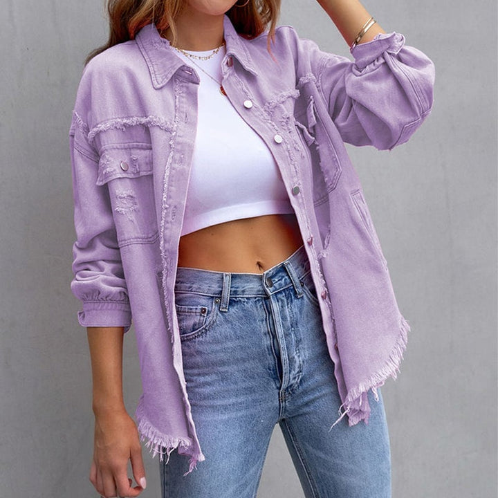 Vintage-inspired distressed jacket in purple shown on a model