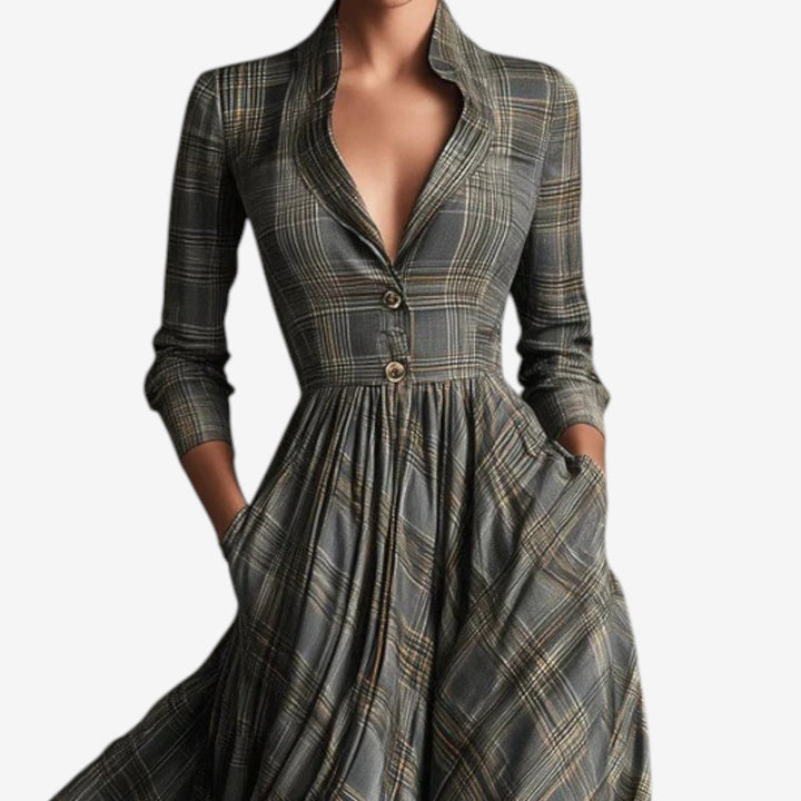 Close-up detail of grey checkered pattern on a lightweight midi dress