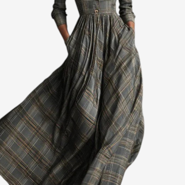 Woman in grey checkered dress styled for a casual day-to-night look