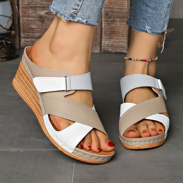 Tulip wedge slides in white and blue colorway on white background
