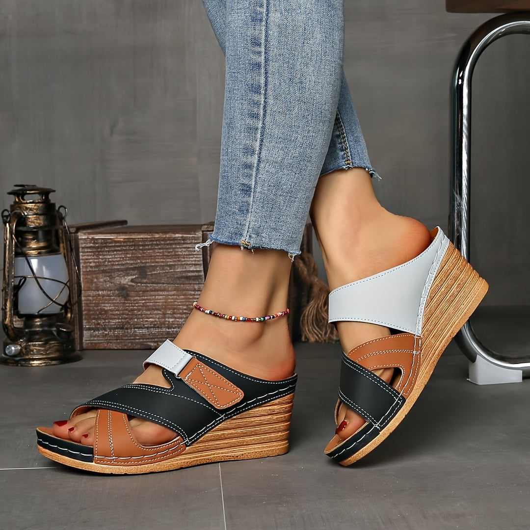 Tulip wedge slides in black and red colorway on white background