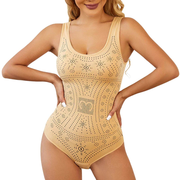 Woman wearing beige full body slimmer and shaper with high waist control and seamless design