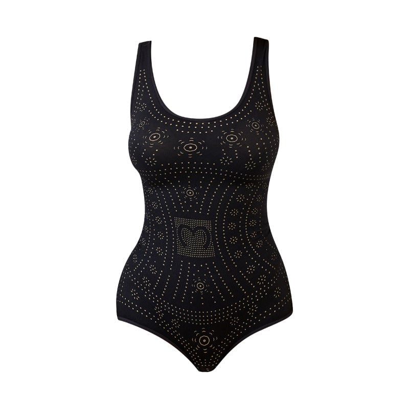 Side profile of woman wearing black full body shaper highlighting tummy control and posture support