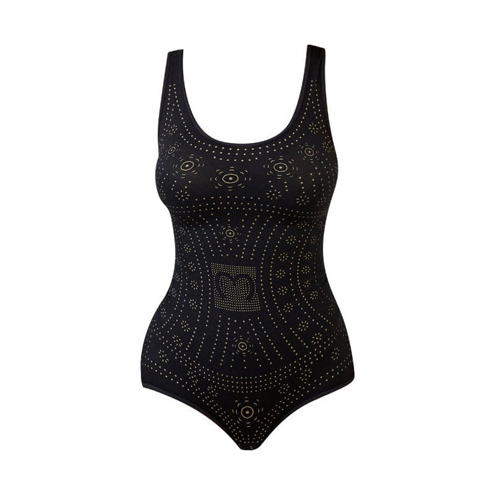 Side profile of woman wearing black full body shaper highlighting tummy control and posture support