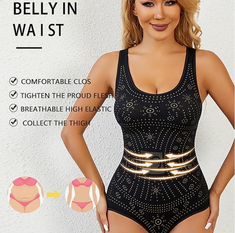 Woman confidently wearing full body slimmer under a fitted dress for a smooth silhouette
