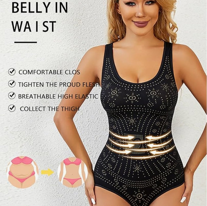Woman confidently wearing full body slimmer under a fitted dress for a smooth silhouette