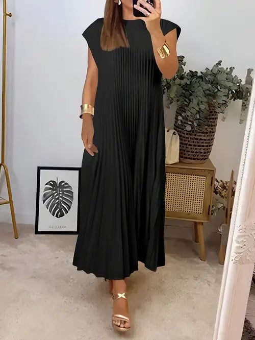 Front view of the Valentina women's pleated elegant evening dress in black with flowing silhouette