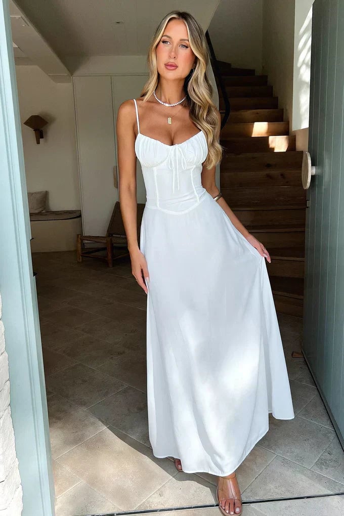 Back view of Valentina spaghetti strap maxi dress in yellow