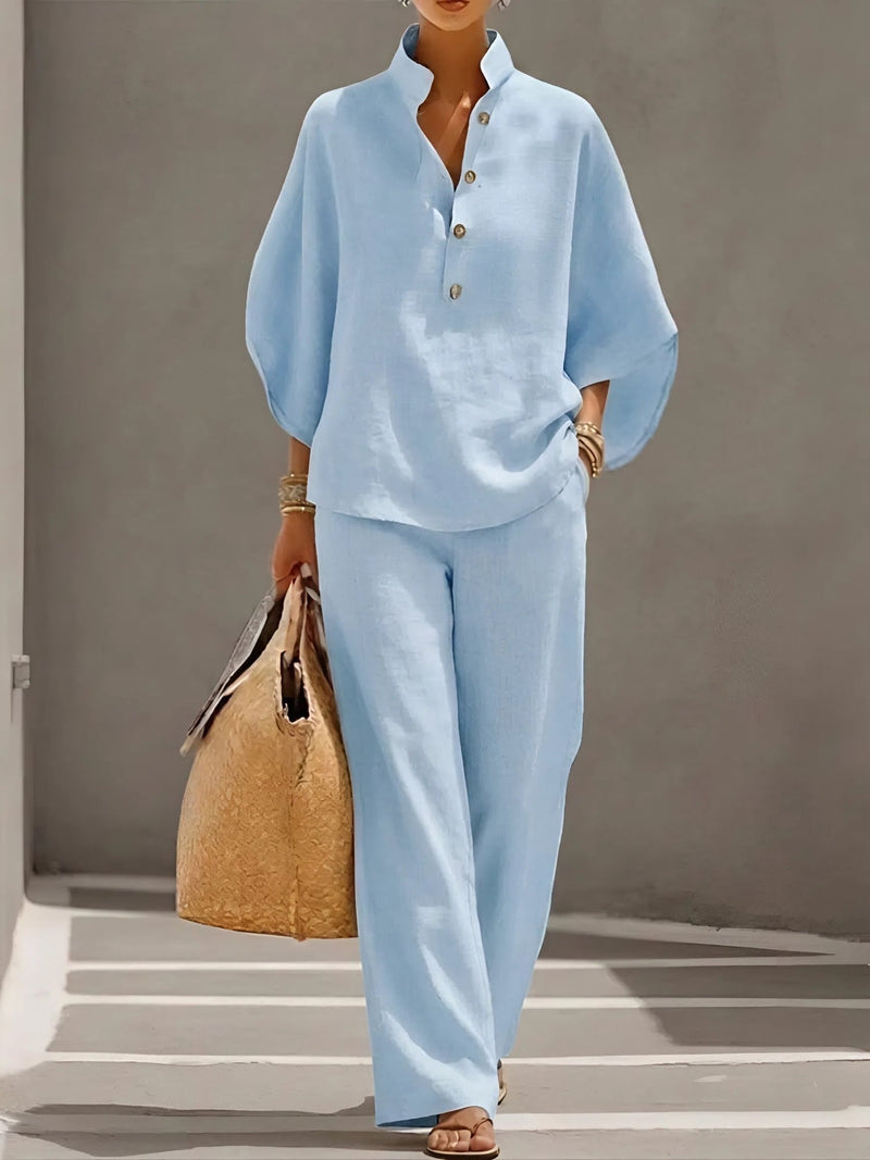 Front view of the Valentina wide leg set showing button-up top styling and pant silhouette